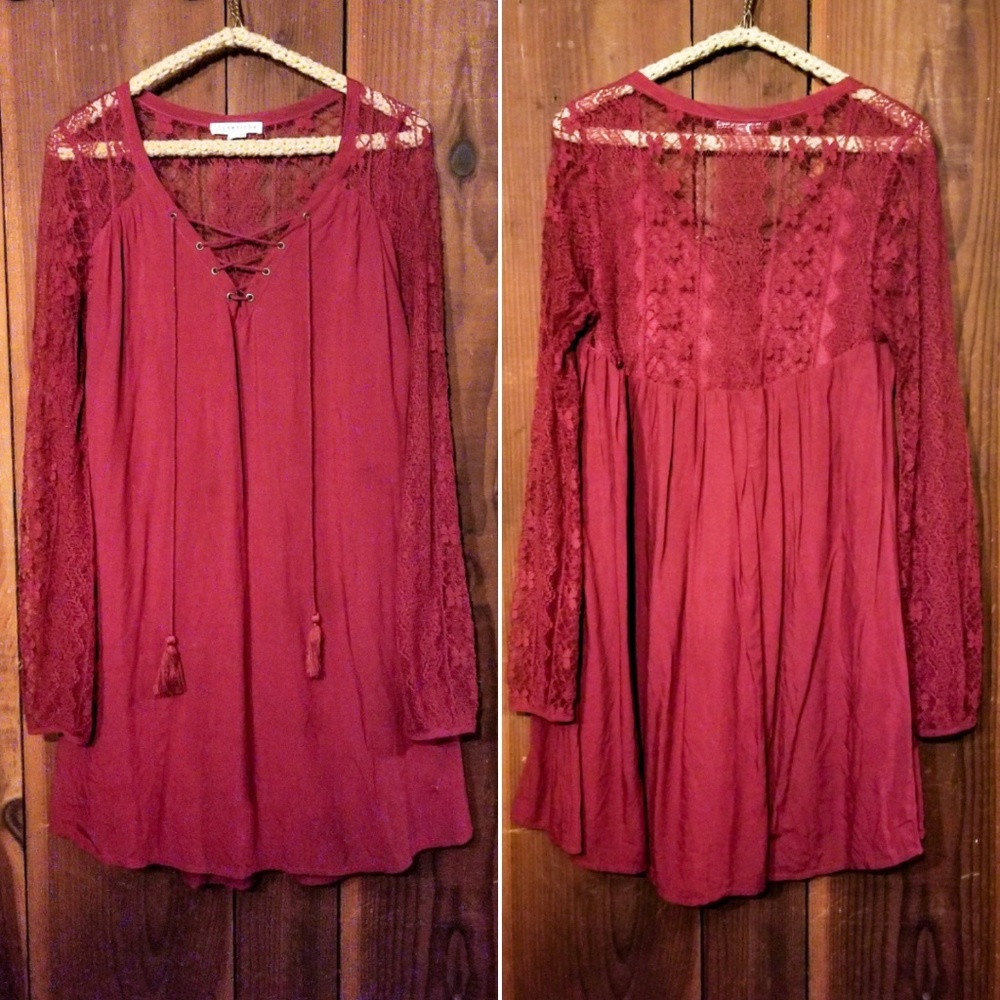 Loveriche Boho Red Lace Long Sleeve Dress